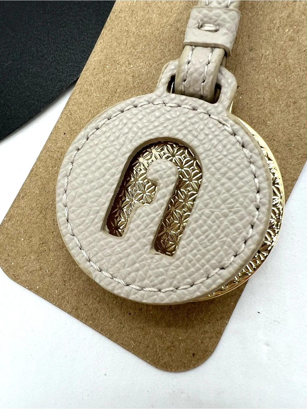 Furla Leather Gold Arch Round Logo Handbag Bag Charm Key Ring Beige